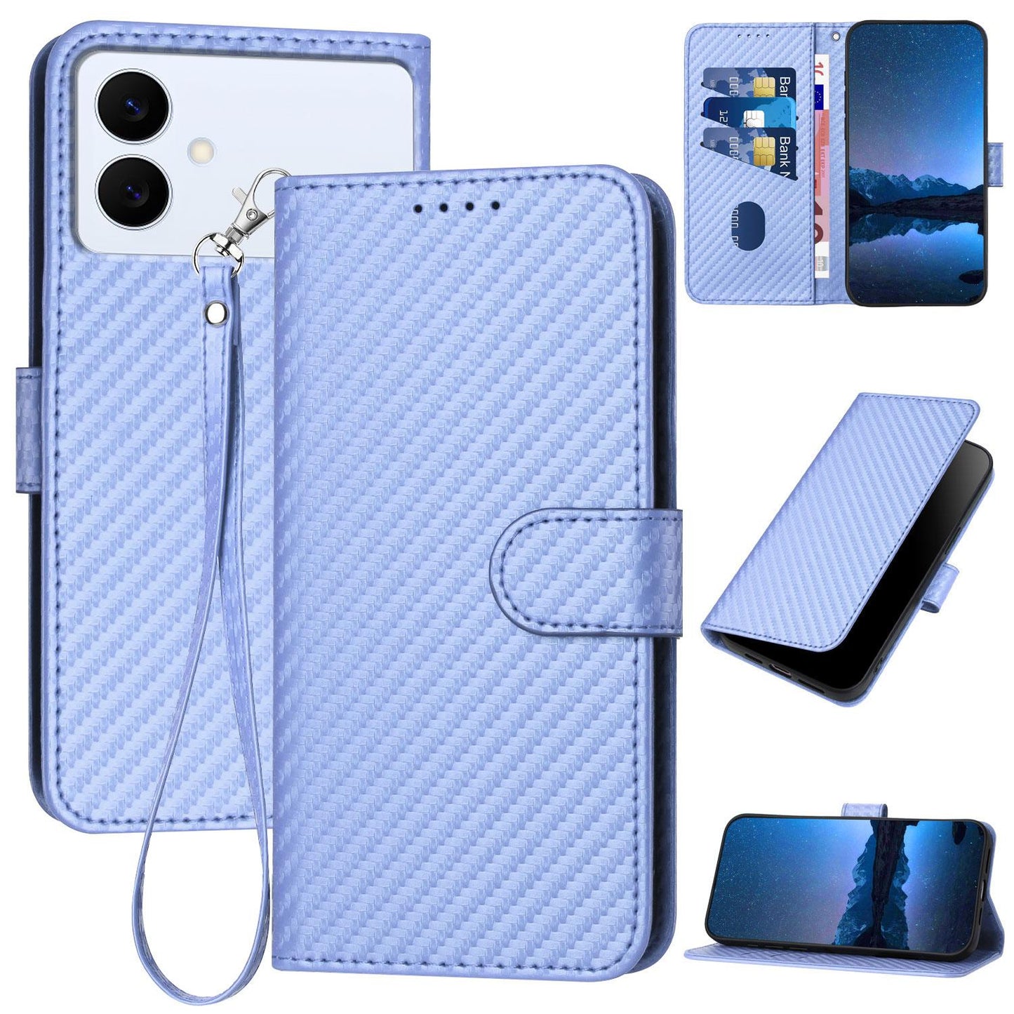 Samsung Galaxy S26 Edge 5G Carbon Fiber Buckle Leather Phone Case with Lanyard, PU Leather TPU Wallet Cover with Card Slot, Cash Compartment, Stand Function & Scratch Protection