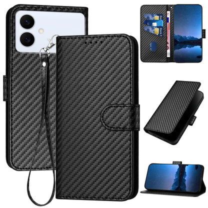 Samsung Galaxy S26 Edge 5G Carbon Fiber Buckle Leather Phone Case with Lanyard, PU Leather TPU Wallet Cover with Card Slot, Cash Compartment, Stand Function & Scratch Protection
