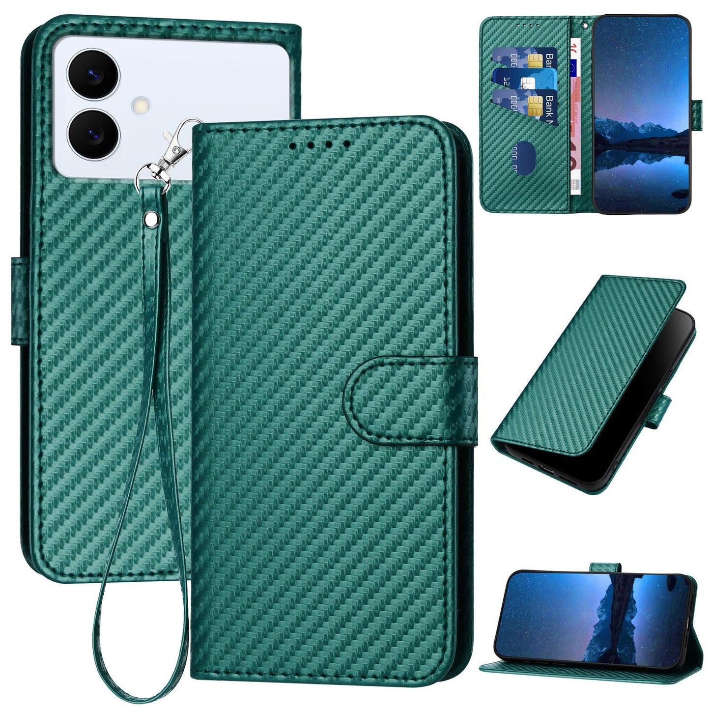 Samsung Galaxy S26 Edge 5G Carbon Fiber Buckle Leather Phone Case with Lanyard, PU Leather TPU Wallet Cover with Card Slot, Cash Compartment, Stand Function & Scratch Protection