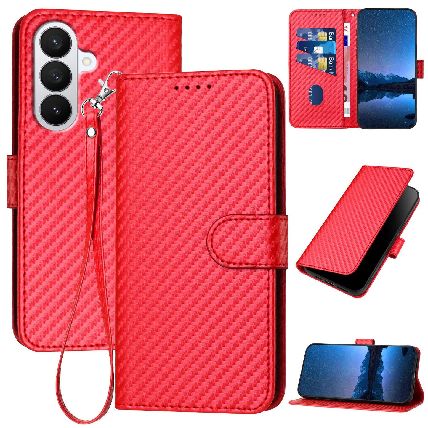 Samsung Galaxy S26 5G Carbon Fiber Buckle Leather Phone Case with Lanyard, PU Leather TPU Wallet Cover with Card Slot, Cash Compartment, Stand Function & Scratch Protection