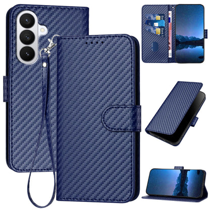Samsung Galaxy S26 5G Carbon Fiber Buckle Leather Phone Case with Lanyard, PU Leather TPU Wallet Cover with Card Slot, Cash Compartment, Stand Function & Scratch Protection