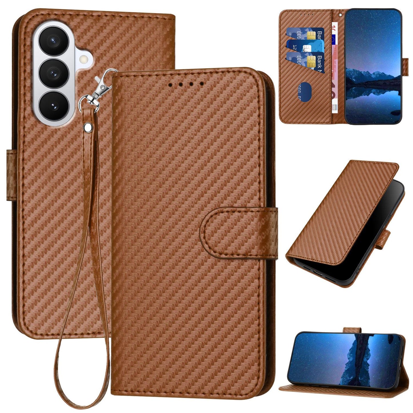 Samsung Galaxy S26 5G Carbon Fiber Buckle Leather Phone Case with Lanyard, PU Leather TPU Wallet Cover with Card Slot, Cash Compartment, Stand Function & Scratch Protection