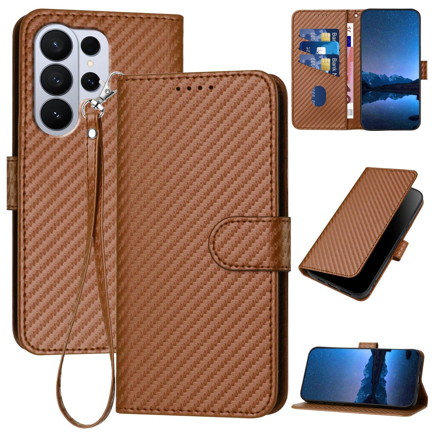 Samsung Galaxy S26 Ultra 5G Carbon Fiber Buckle Leather Phone Case with Lanyard, PU Leather TPU Wallet Cover with Card Slot, Cash Compartment, Stand Function & Scratch Protection