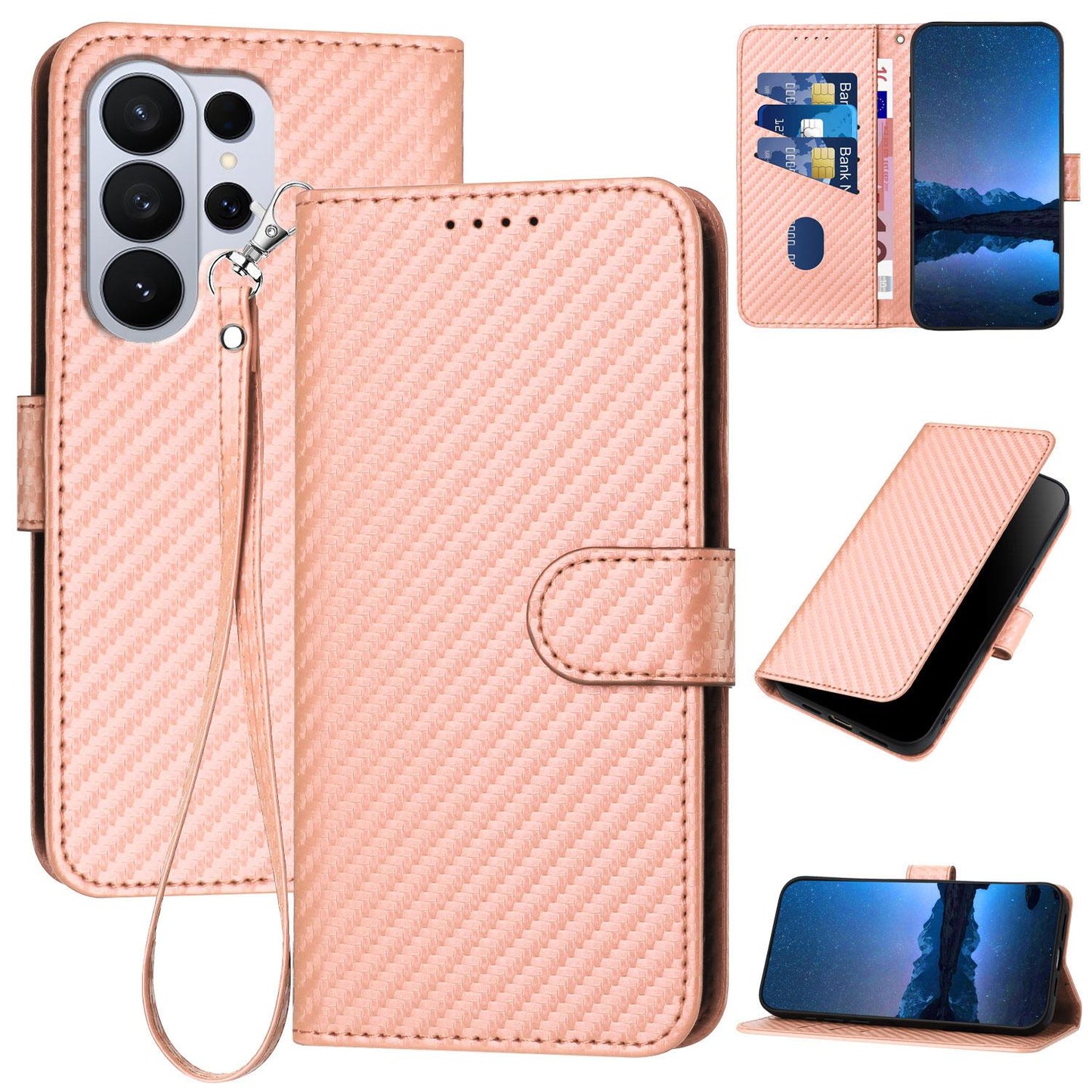 Samsung Galaxy S26 Ultra 5G Carbon Fiber Buckle Leather Phone Case with Lanyard, PU Leather TPU Wallet Cover with Card Slot, Cash Compartment, Stand Function & Scratch Protection