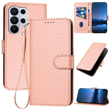Samsung Galaxy S26 Ultra 5G Carbon Fiber Buckle Leather Phone Case with Lanyard, PU Leather TPU Wallet Cover with Card Slot, Cash Compartment, Stand Function & Scratch Protection