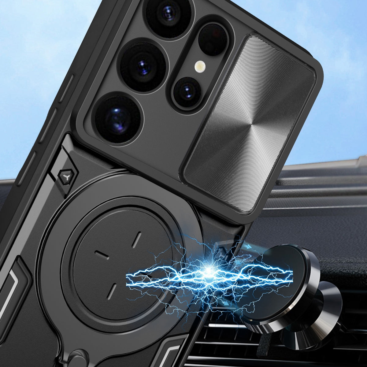 Samsung Galaxy S25 Ultra 5G Magnetic Holder CD Texture Sliding Camshield Phone Case, TPU PC Shockproof Cover