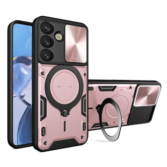 Samsung Galaxy S25 5G Magnetic Holder CD Texture Sliding Camshield Phone Case, TPU PC Shockproof Cover