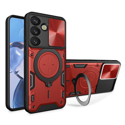 Samsung Galaxy S25 5G Magnetic Holder CD Texture Sliding Camshield Phone Case, TPU PC Shockproof Cover
