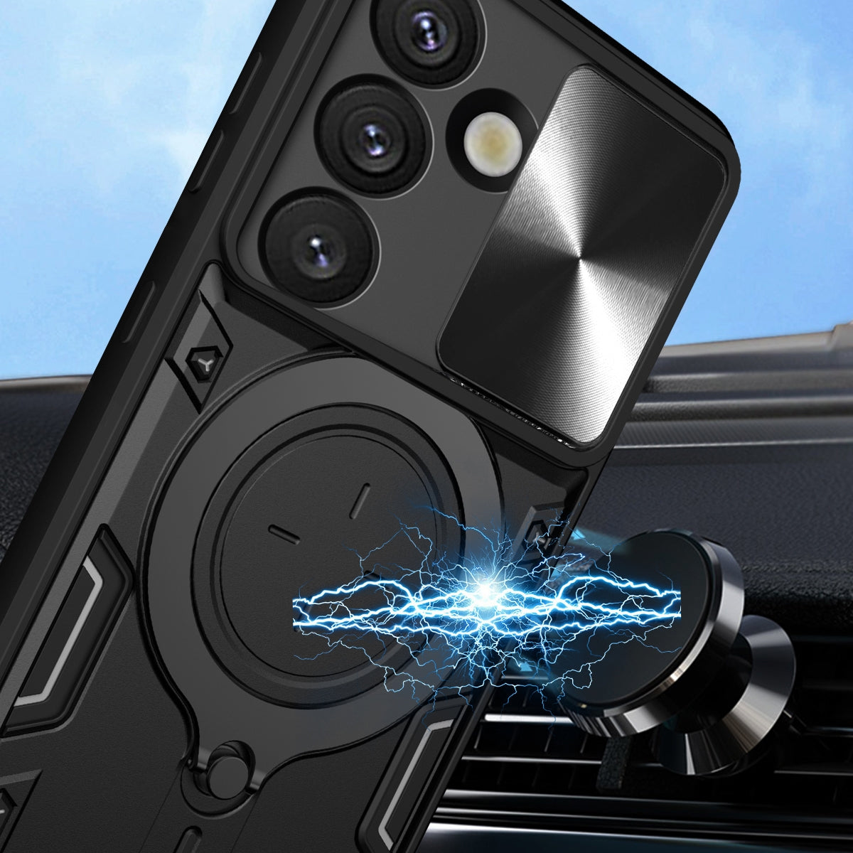 Samsung Galaxy S25 5G Magnetic Holder CD Texture Sliding Camshield Phone Case, TPU PC Shockproof Cover