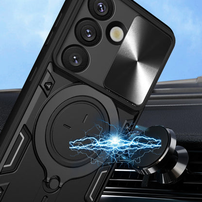 Samsung Galaxy S25 5G Magnetic Holder CD Texture Sliding Camshield Phone Case, TPU PC Shockproof Cover