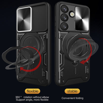 Samsung Galaxy S25 5G Magnetic Holder CD Texture Sliding Camshield Phone Case, TPU PC Shockproof Cover