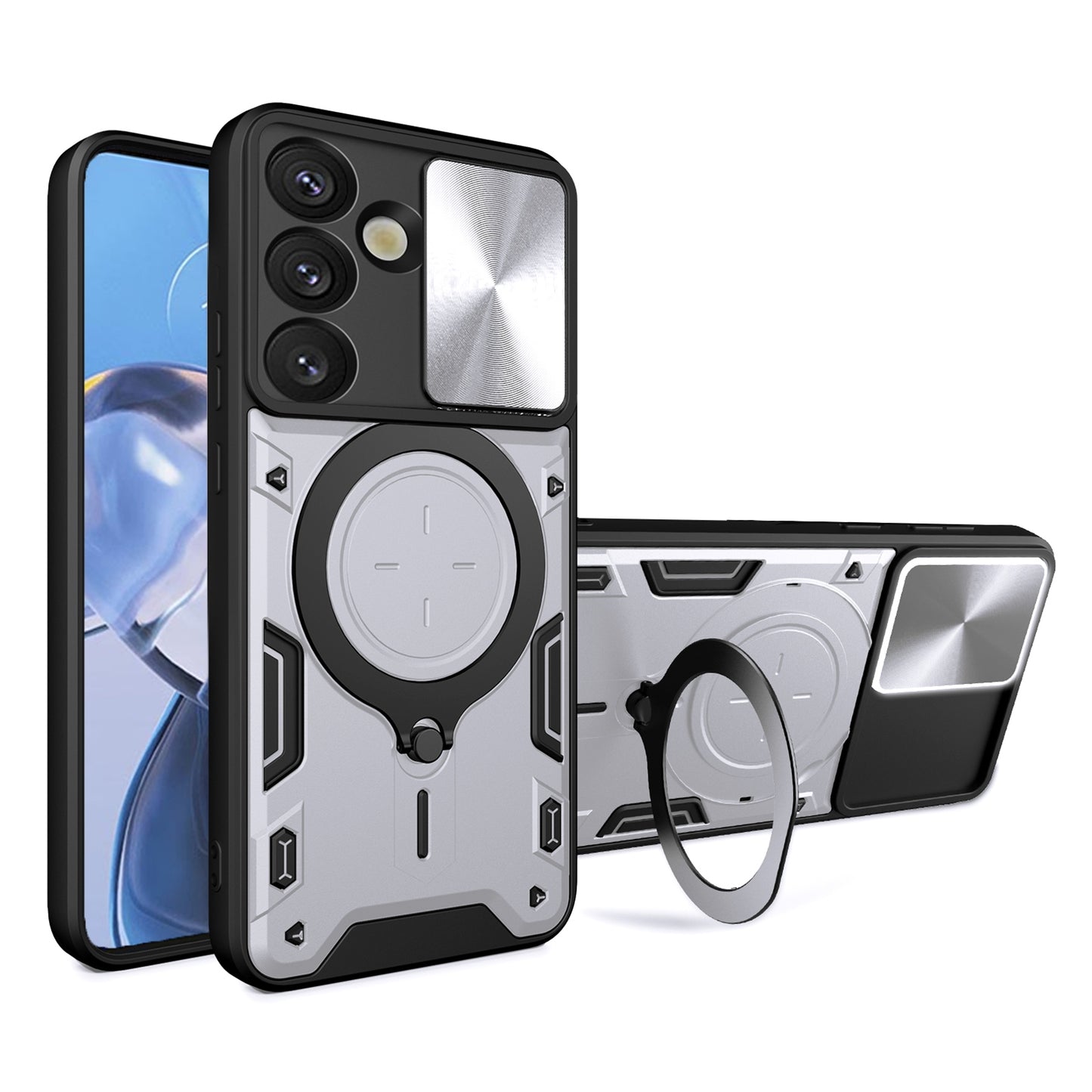 Samsung Galaxy S25 5G Magnetic Holder CD Texture Sliding Camshield Phone Case, TPU PC Shockproof Cover