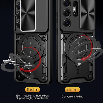Samsung Galaxy S26 Ultra 5G Magnetic Holder CD Texture Sliding Camshield Phone Case, TPU PC Shockproof Cover