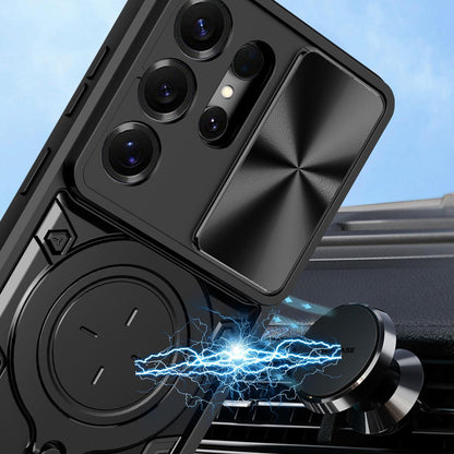 Samsung Galaxy S26 Ultra 5G Magnetic Holder CD Texture Sliding Camshield Phone Case, TPU PC Shockproof Cover