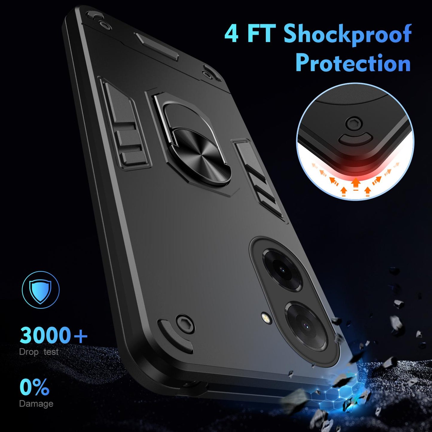 Xiaomi Poco C71 Shockproof Metal Ring Holder Phone Case with 360 degrees Rotating Kickstand, Ultra Slim Protective Cover, Raised Camera Guard, PC Silicone Armour Shell, Anti-Scratch Back & Edge Protection