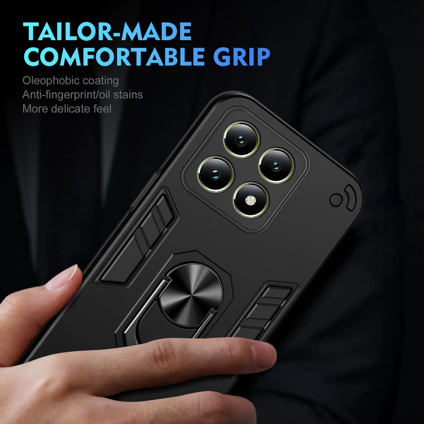 Xiaomi 14T Shockproof Metal Ring Holder Phone Case with 360 degrees Rotating Kickstand, Ultra Slim Protective Cover, Raised Camera Guard, PC Silicone Armour Shell, Anti-Scratch Back & Edge Protection