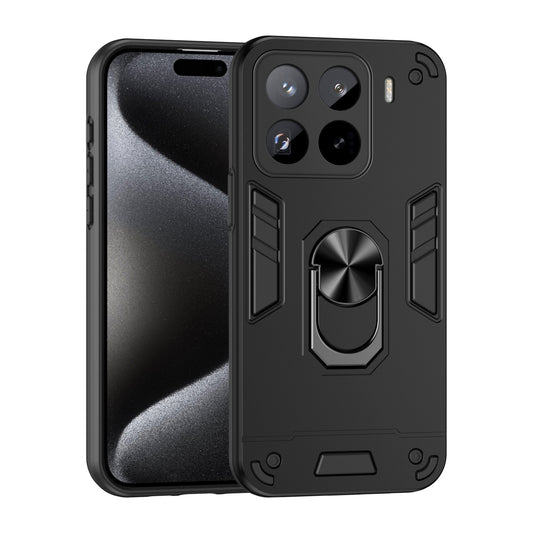 Xiaomi 15 Pro Shockproof Metal Ring Holder Phone Case with 360 degrees Rotating Kickstand, Ultra Slim Protective Cover, Raised Camera Guard, PC Silicone Armour Shell, Anti-Scratch Back & Edge Protection