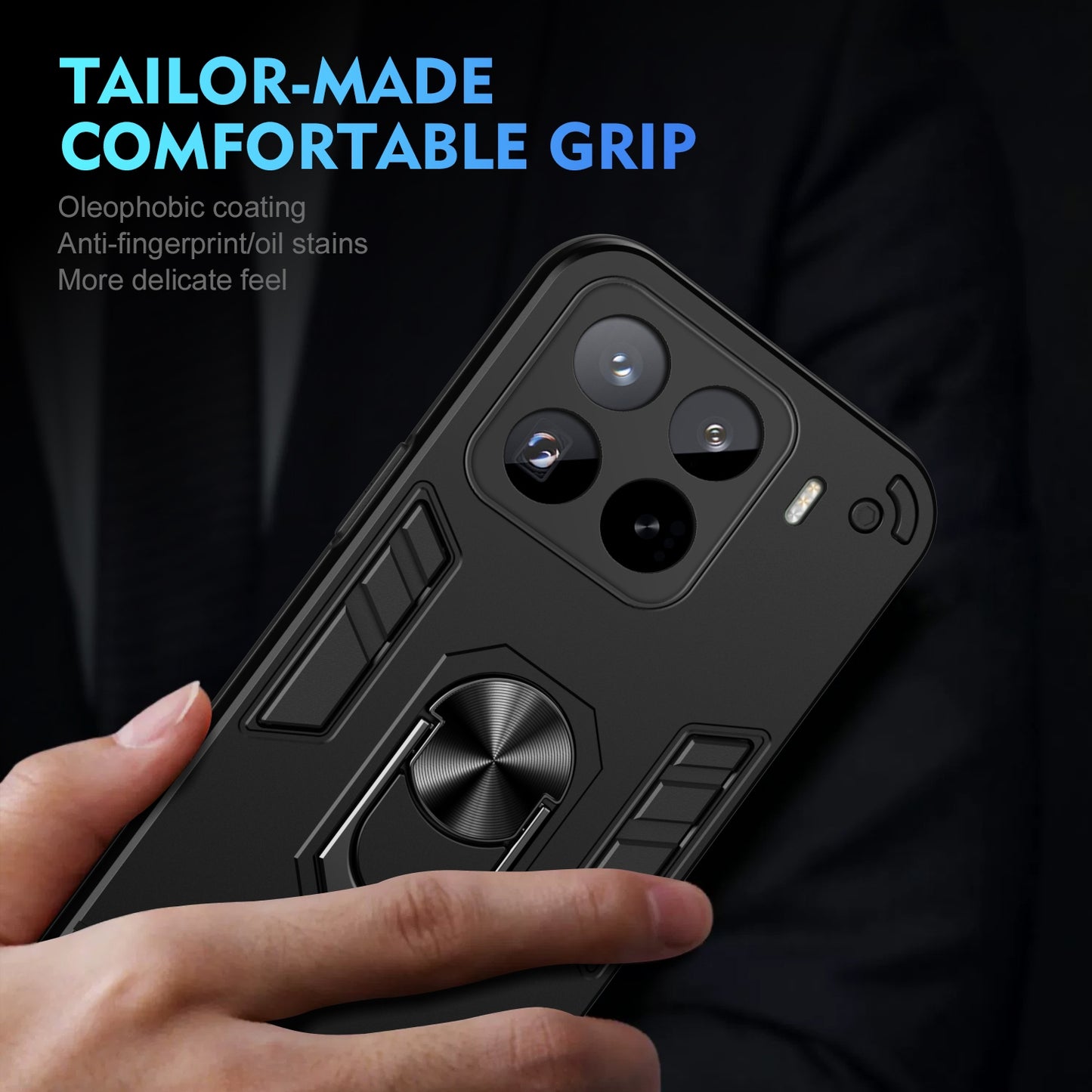 Xiaomi 15 Pro Shockproof Metal Ring Holder Phone Case with 360 degrees Rotating Kickstand, Ultra Slim Protective Cover, Raised Camera Guard, PC Silicone Armour Shell, Anti-Scratch Back & Edge Protection