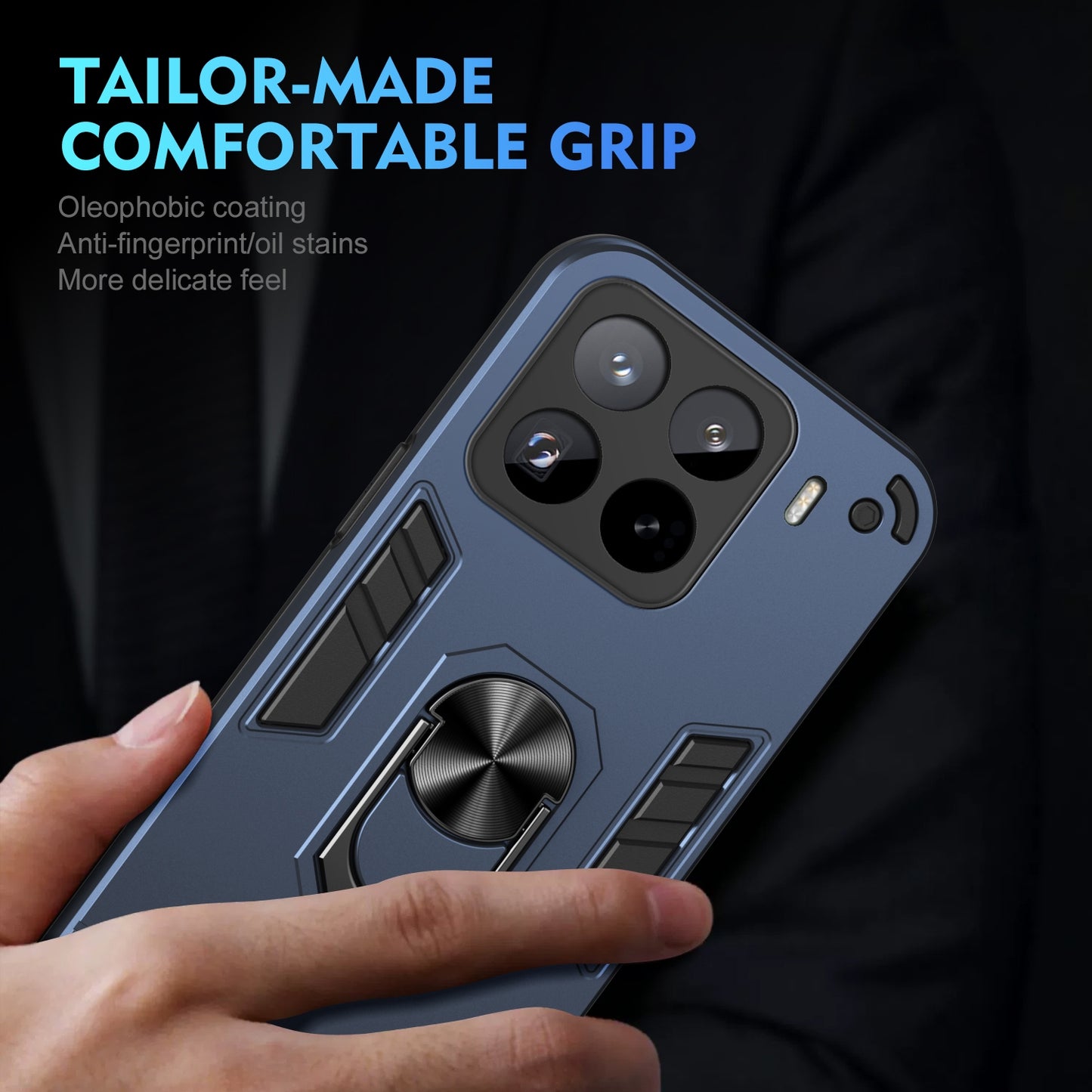 Xiaomi 15 Pro Shockproof Metal Ring Holder Phone Case with 360 degrees Rotating Kickstand, Ultra Slim Protective Cover, Raised Camera Guard, PC Silicone Armour Shell, Anti-Scratch Back & Edge Protection