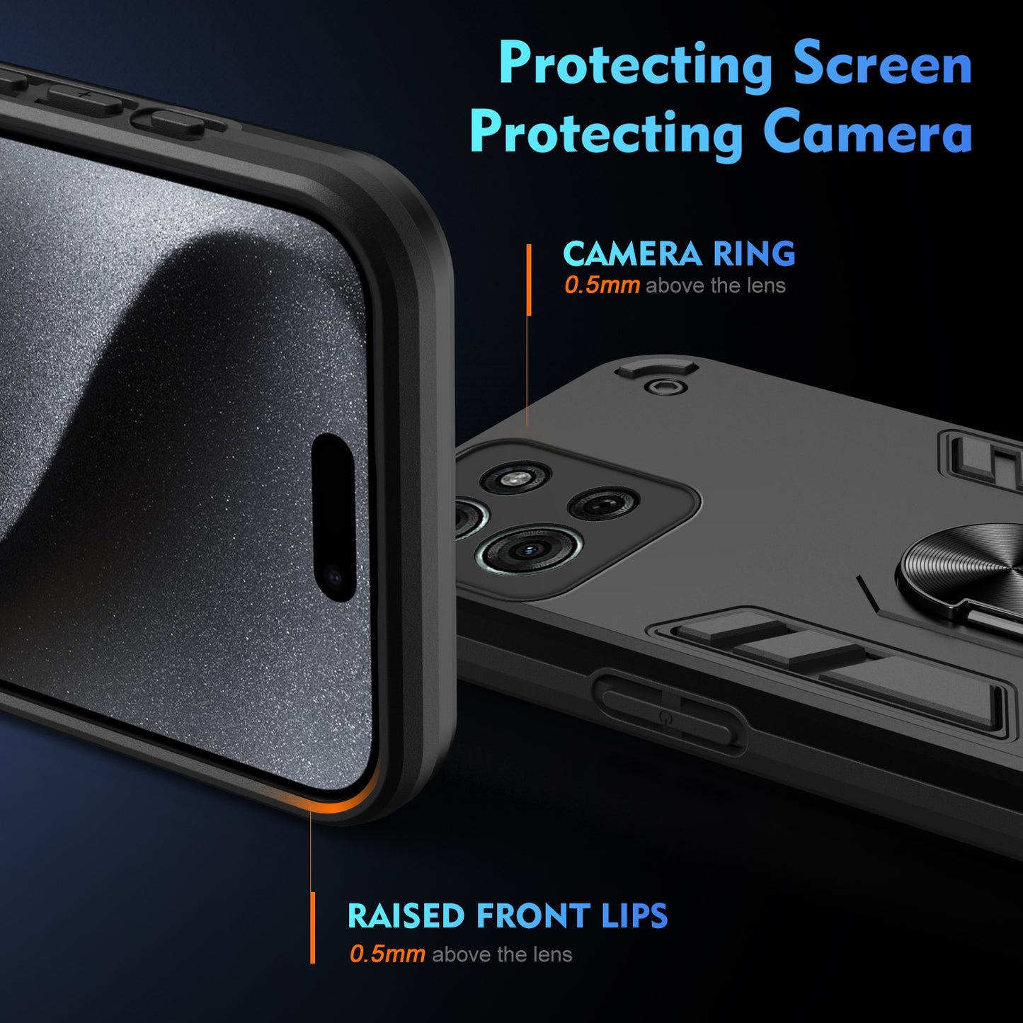 Motorola Moto G75 Shockproof Metal Ring Holder Phone Case with 360 degrees Rotating Kickstand, Ultra Slim Protective Cover, Raised Camera Guard, PC Silicone Armour Shell, Anti-Scratch Back & Edge Protection