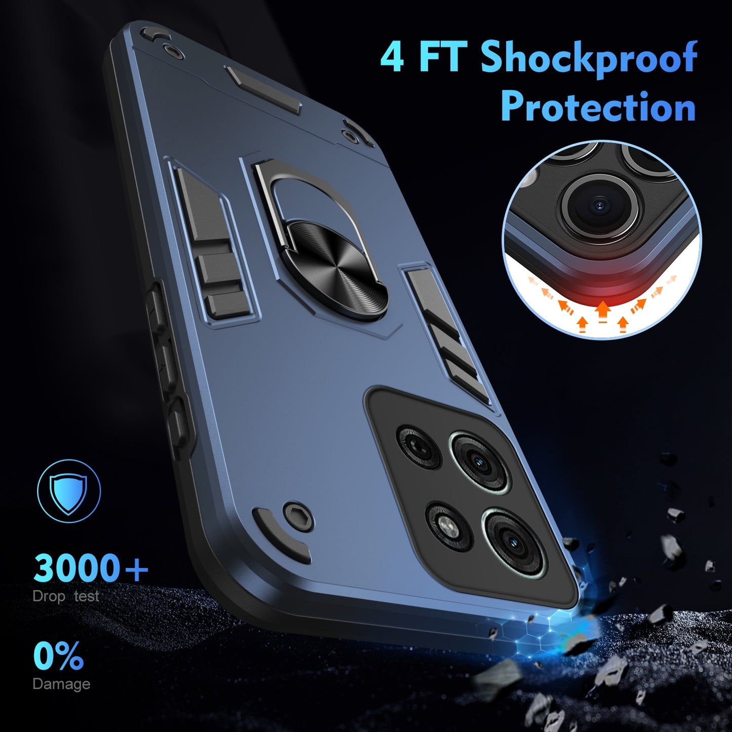 Motorola Moto G75 Shockproof Metal Ring Holder Phone Case with 360 degrees Rotating Kickstand, Ultra Slim Protective Cover, Raised Camera Guard, PC Silicone Armour Shell, Anti-Scratch Back & Edge Protection