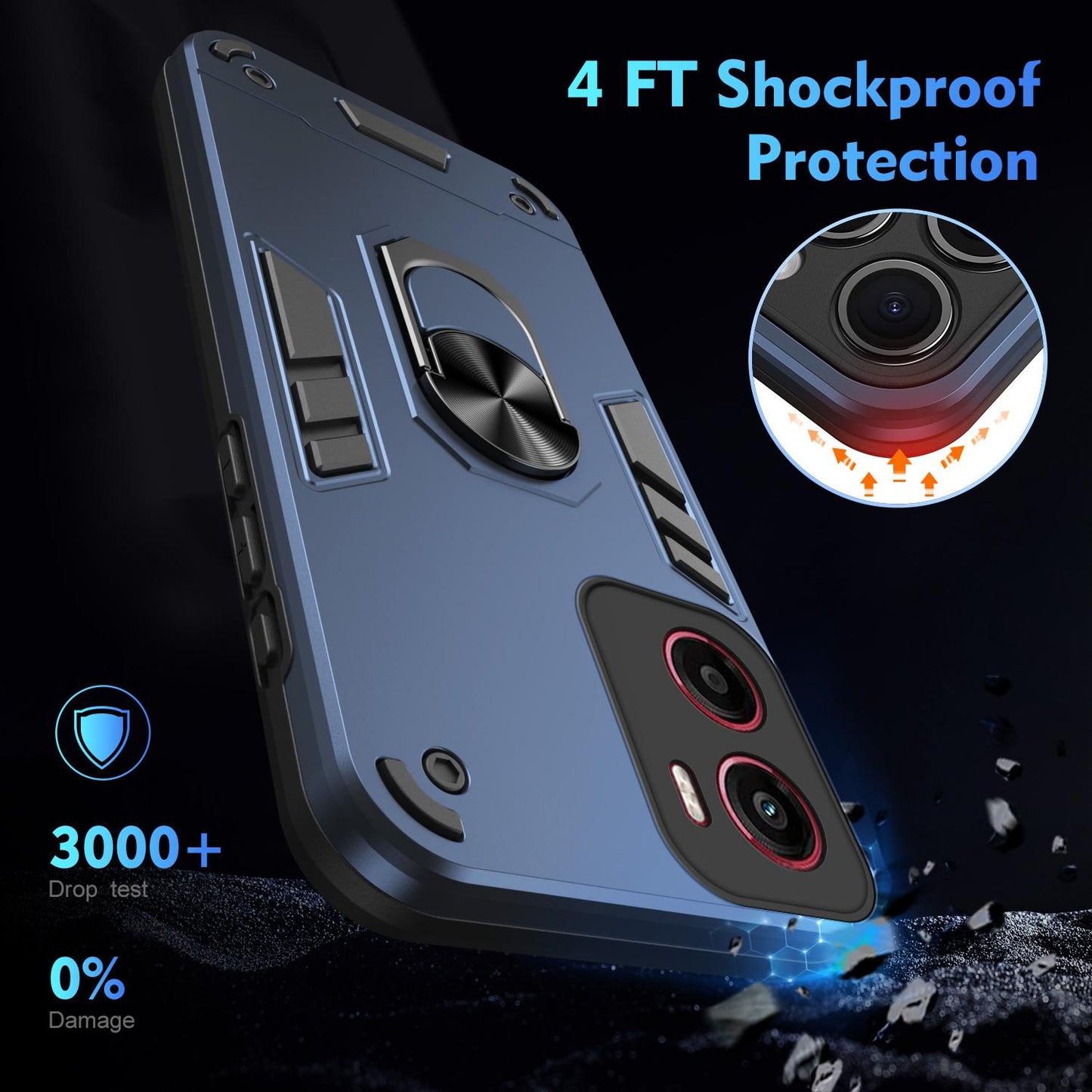 Motorola Moto G05 Shockproof Metal Ring Holder Phone Case with 360 degrees Rotating Kickstand, Ultra Slim Protective Cover, Raised Camera Guard, PC Silicone Armour Shell, Anti-Scratch Back & Edge Protection