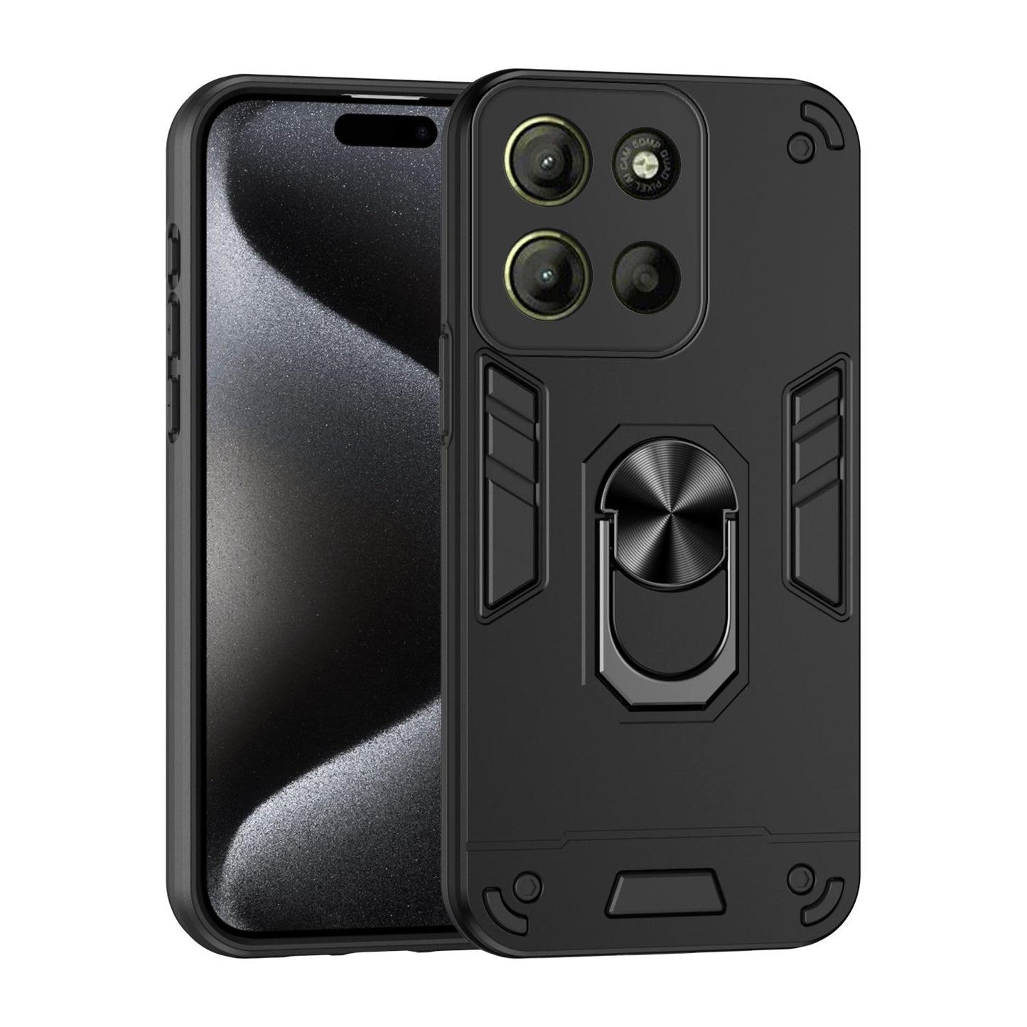 Motorola Moto G15 Shockproof Metal Ring Holder Phone Case with 360 degrees Rotating Kickstand, Ultra Slim Protective Cover, Raised Camera Guard, PC Silicone Armour Shell, Anti-Scratch Back & Edge Protection