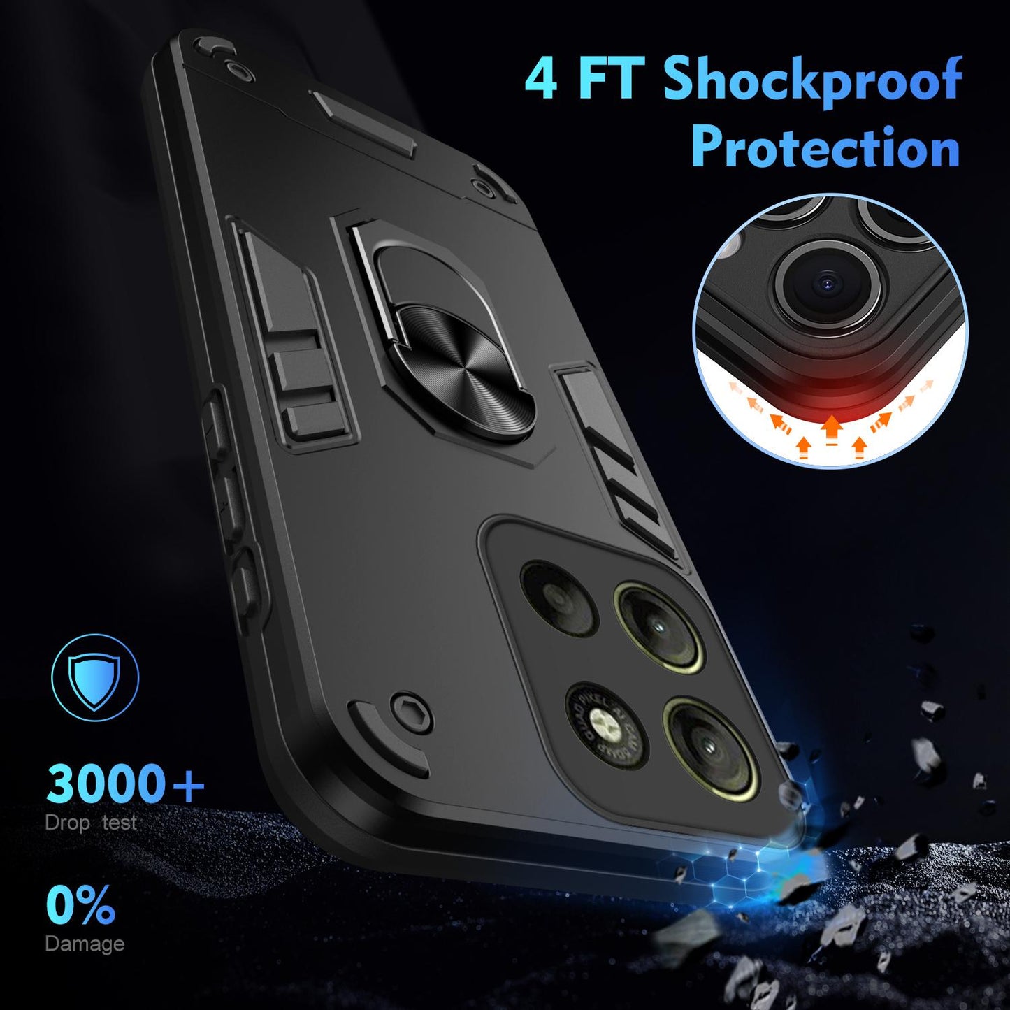 Motorola Moto G15 Shockproof Metal Ring Holder Phone Case with 360 degrees Rotating Kickstand, Ultra Slim Protective Cover, Raised Camera Guard, PC Silicone Armour Shell, Anti-Scratch Back & Edge Protection