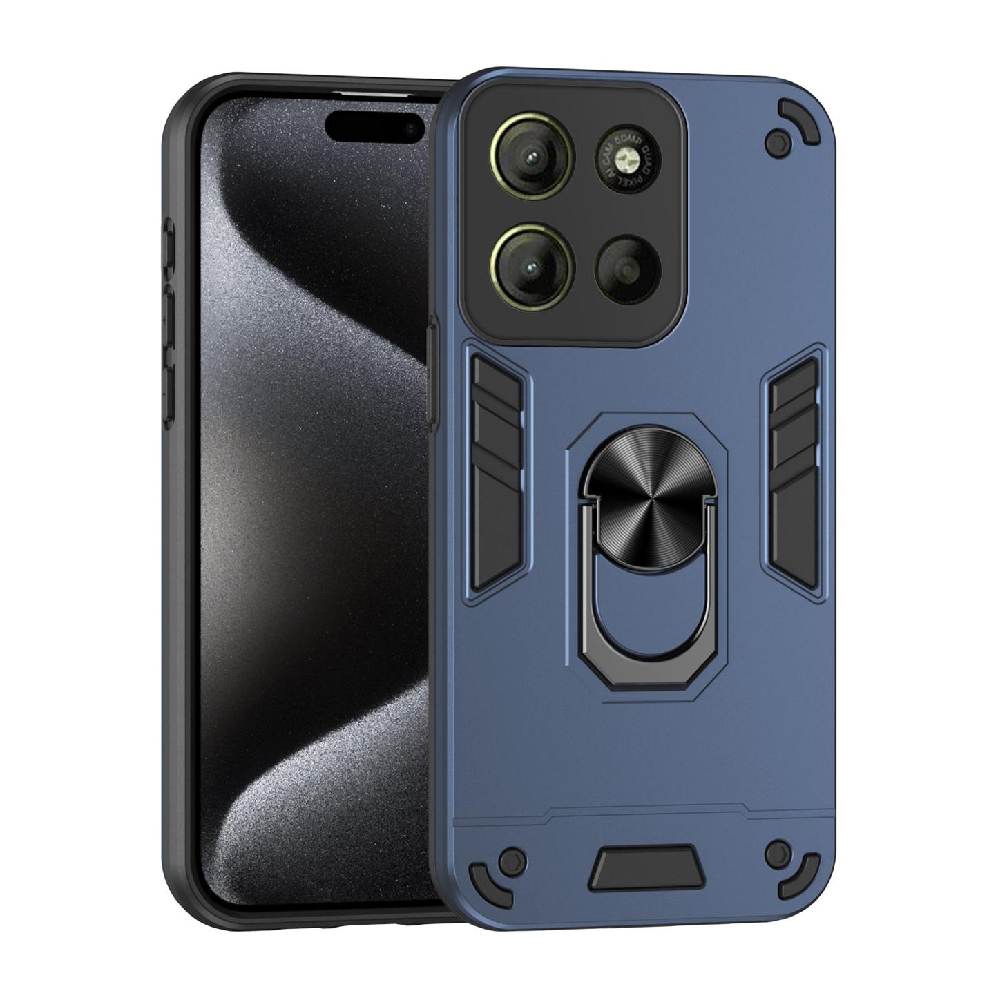 Motorola Moto G15 Shockproof Metal Ring Holder Phone Case with 360 degrees Rotating Kickstand, Ultra Slim Protective Cover, Raised Camera Guard, PC Silicone Armour Shell, Anti-Scratch Back & Edge Protection
