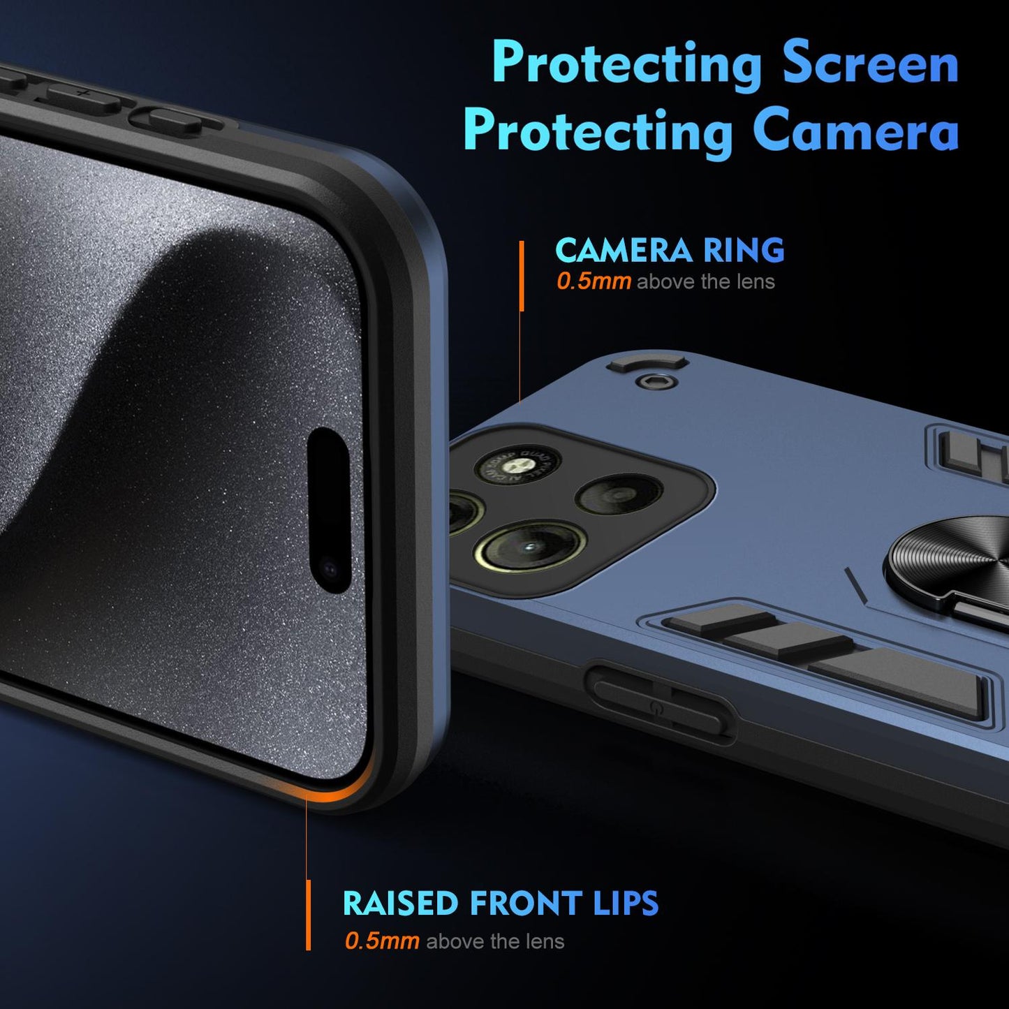 Motorola Moto G15 Shockproof Metal Ring Holder Phone Case with 360 degrees Rotating Kickstand, Ultra Slim Protective Cover, Raised Camera Guard, PC Silicone Armour Shell, Anti-Scratch Back & Edge Protection