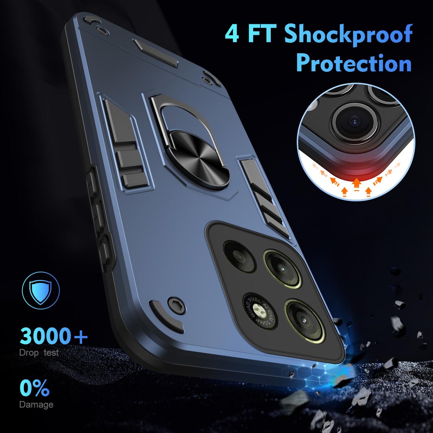Motorola Moto G15 Shockproof Metal Ring Holder Phone Case with 360 degrees Rotating Kickstand, Ultra Slim Protective Cover, Raised Camera Guard, PC Silicone Armour Shell, Anti-Scratch Back & Edge Protection