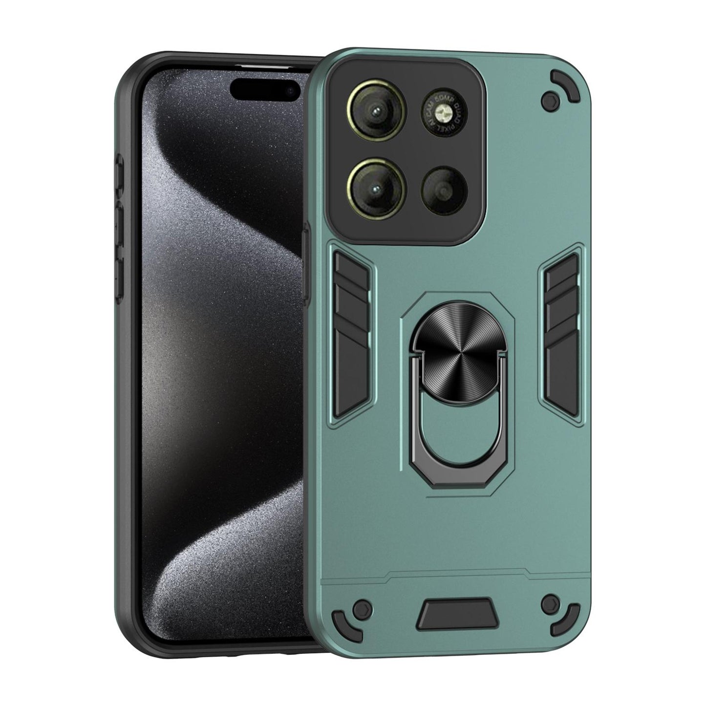 Motorola Moto G15 Shockproof Metal Ring Holder Phone Case with 360 degrees Rotating Kickstand, Ultra Slim Protective Cover, Raised Camera Guard, PC Silicone Armour Shell, Anti-Scratch Back & Edge Protection