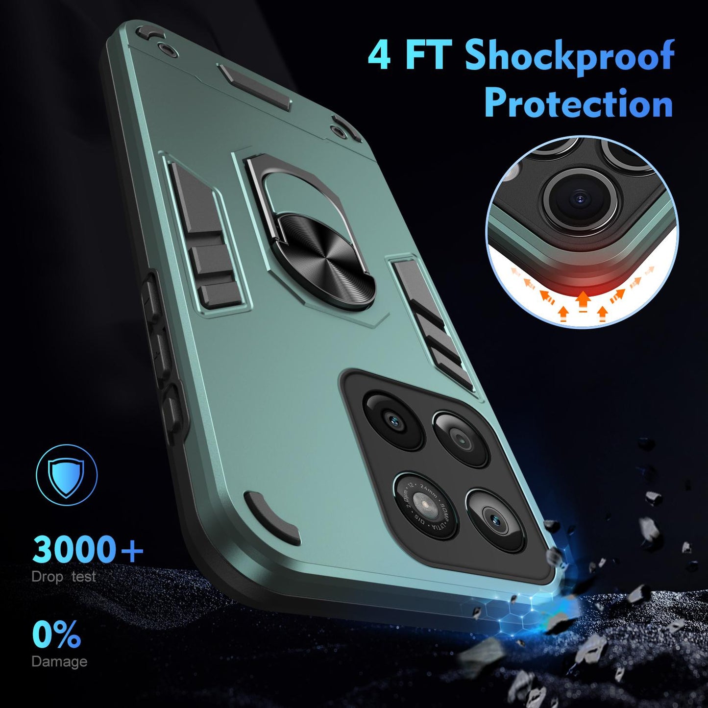 Motorola Edge 60 Fusion Shockproof Metal Ring Holder Phone Case with 360 degrees Rotating Kickstand, Ultra Slim Protective Cover, Raised Camera Guard, PC Silicone Armour Shell, Anti-Scratch Back & Edge Protection