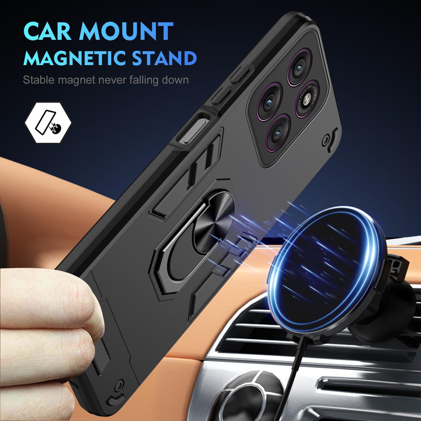 Motorola Edge 60 Pro Shockproof Metal Ring Holder Phone Case with 360 degrees Rotating Kickstand, Ultra Slim Protective Cover, Raised Camera Guard, PC Silicone Armour Shell, Anti-Scratch Back & Edge Protection