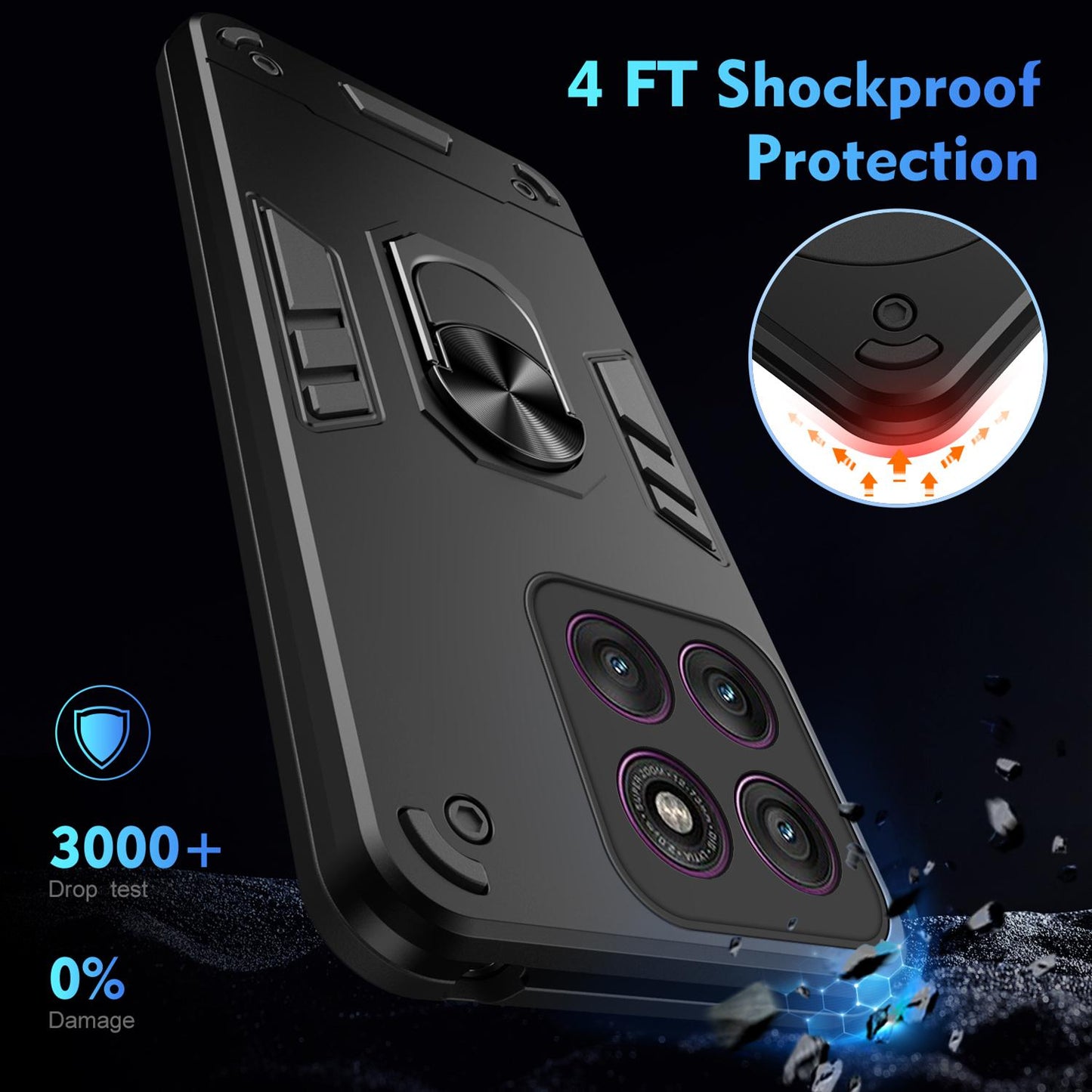 Motorola Edge 60 Pro Shockproof Metal Ring Holder Phone Case with 360 degrees Rotating Kickstand, Ultra Slim Protective Cover, Raised Camera Guard, PC Silicone Armour Shell, Anti-Scratch Back & Edge Protection