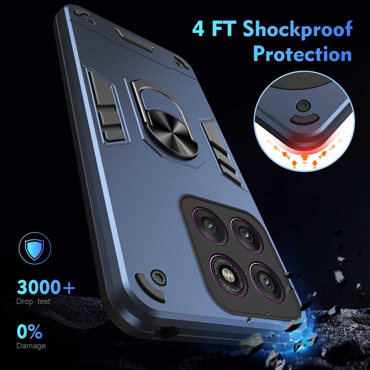Motorola Edge 60 Pro Shockproof Metal Ring Holder Phone Case with 360 degrees Rotating Kickstand, Ultra Slim Protective Cover, Raised Camera Guard, PC Silicone Armour Shell, Anti-Scratch Back & Edge Protection