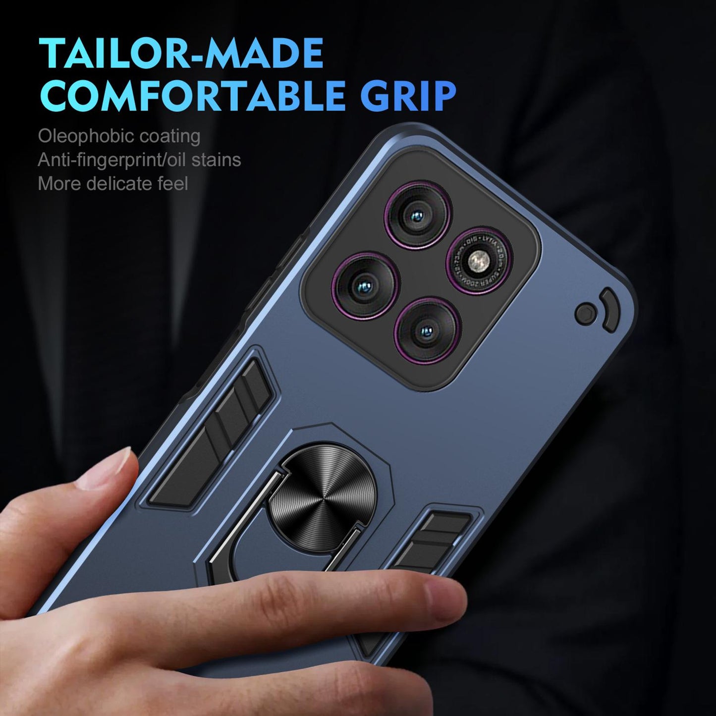 Motorola Edge 60 Pro Shockproof Metal Ring Holder Phone Case with 360 degrees Rotating Kickstand, Ultra Slim Protective Cover, Raised Camera Guard, PC Silicone Armour Shell, Anti-Scratch Back & Edge Protection