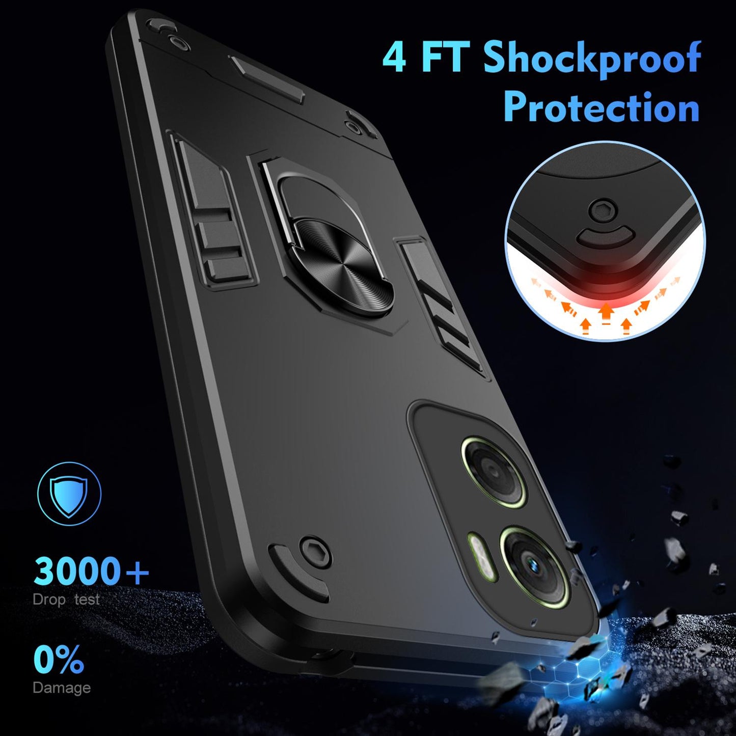 Motorola Moto G06 4G Shockproof Metal Ring Holder Phone Case with 360 degrees Rotating Kickstand, Ultra Slim Protective Cover, Raised Camera Guard, PC Silicone Armour Shell, Anti-Scratch Back & Edge Protection