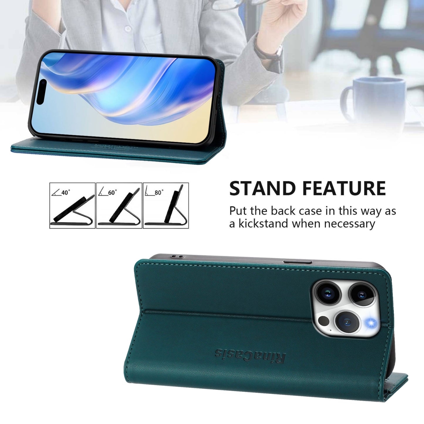 Apple iPhone 16 Pro Max Dual-Folded Magnetic Suction RFID Blocking PU Leather Wallet Phone Case with Card Slots, Cash Pocket, Kickstand, Full Protective Flip Cover