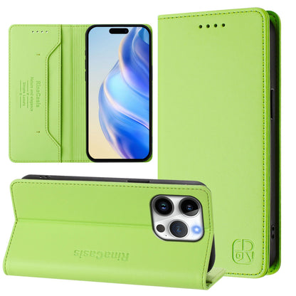Apple iPhone 16 Pro Dual-Folded Magnetic Suction RFID Blocking PU Leather Wallet Phone Case with Card Slots, Cash Pocket, Kickstand, Full Protective Flip Cover