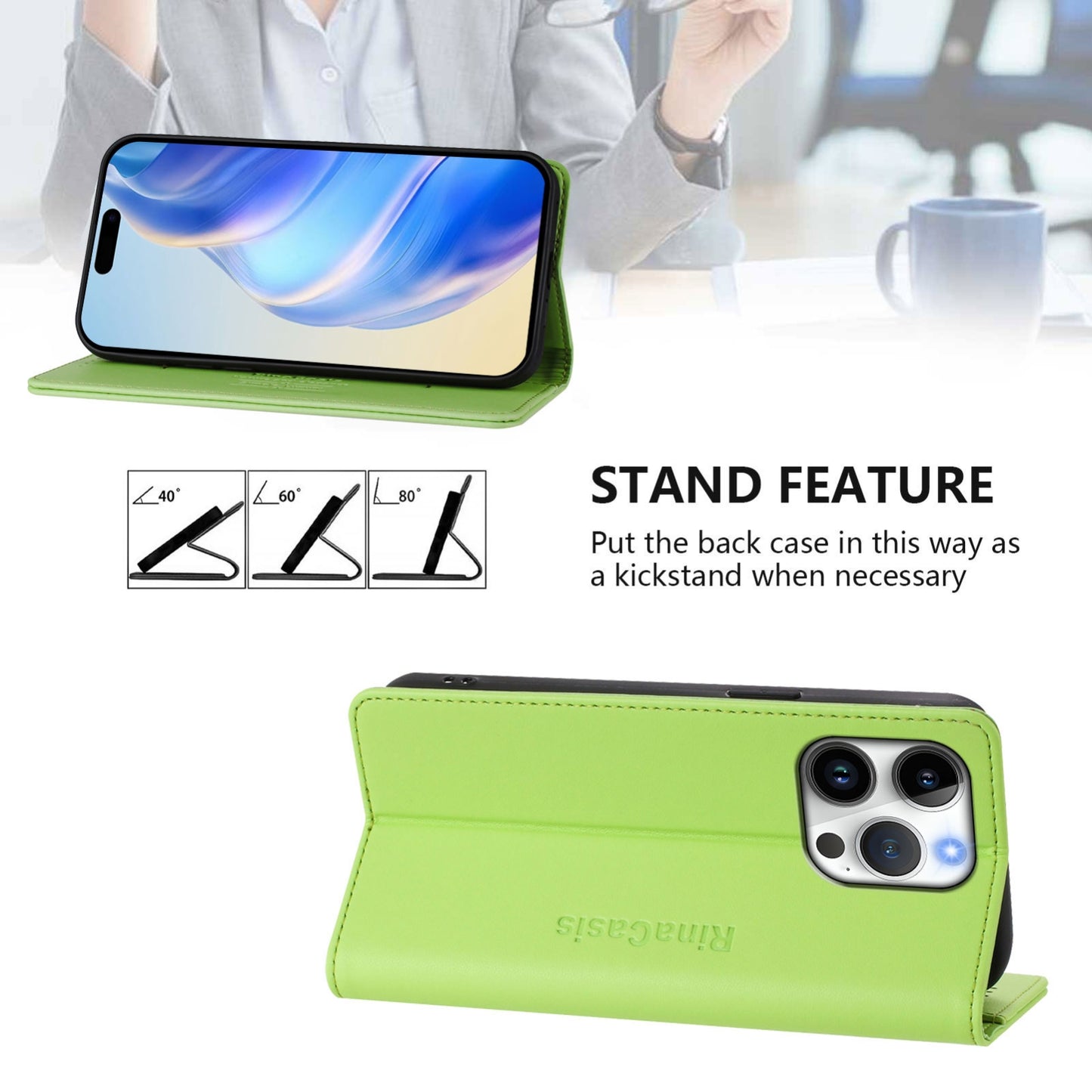 Apple iPhone 16 Pro Dual-Folded Magnetic Suction RFID Blocking PU Leather Wallet Phone Case with Card Slots, Cash Pocket, Kickstand, Full Protective Flip Cover
