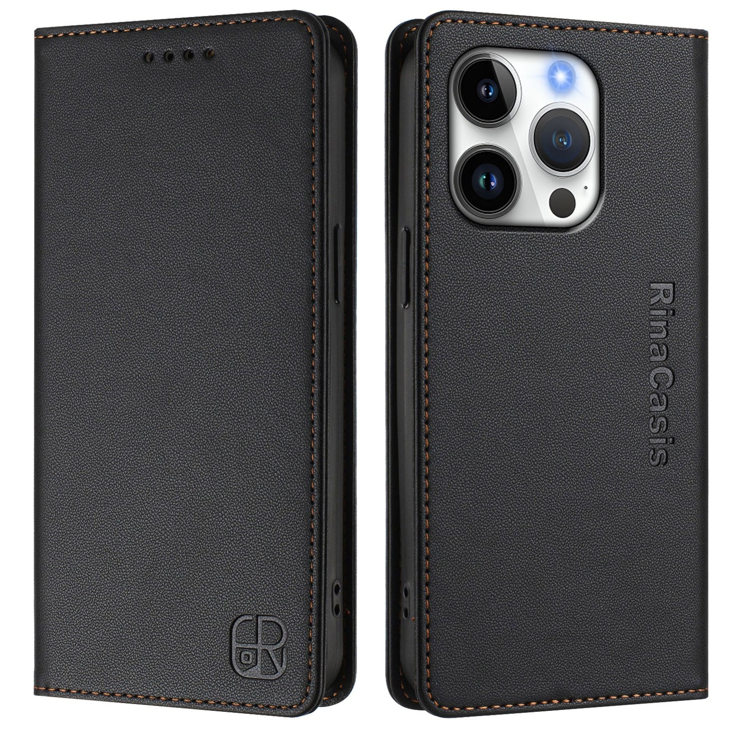Apple iPhone 16 Pro Dual-Folded Magnetic Suction RFID Blocking PU Leather Wallet Phone Case with Card Slots, Cash Pocket, Kickstand, Full Protective Flip Cover