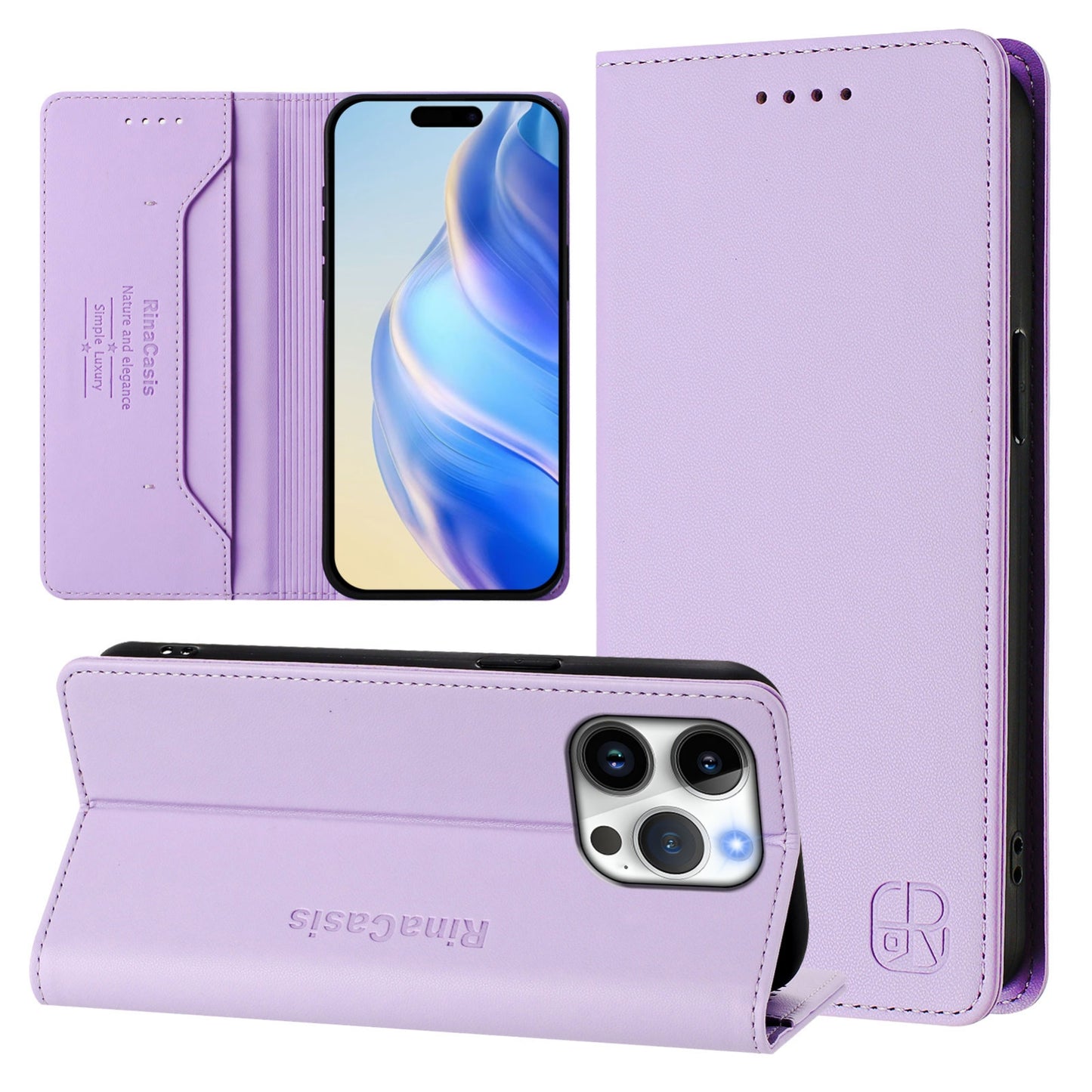 Apple iPhone 16 Pro Dual-Folded Magnetic Suction RFID Blocking PU Leather Wallet Phone Case with Card Slots, Cash Pocket, Kickstand, Full Protective Flip Cover