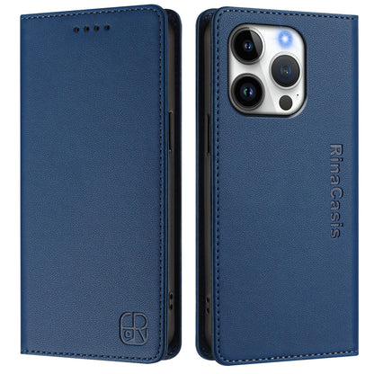 Apple iPhone 16 Pro Dual-Folded Magnetic Suction RFID Blocking PU Leather Wallet Phone Case with Card Slots, Cash Pocket, Kickstand, Full Protective Flip Cover