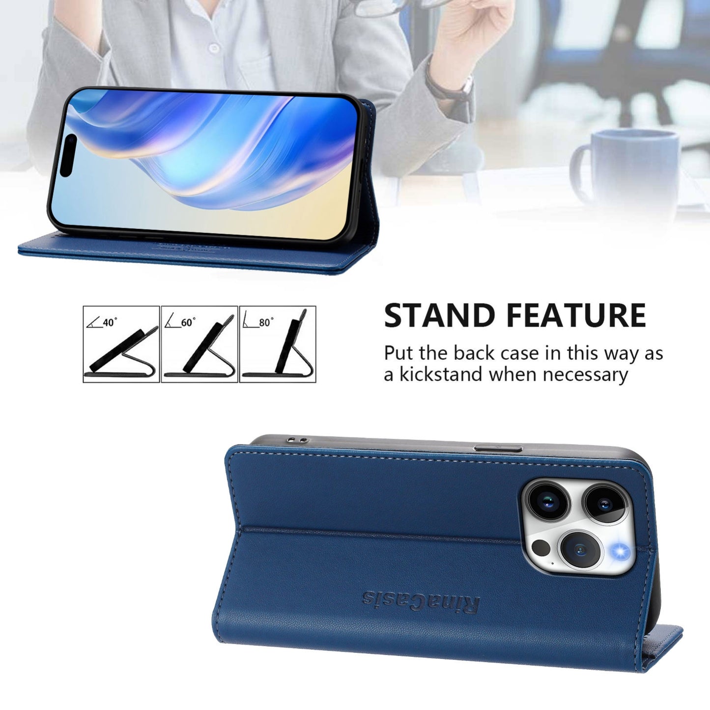 Apple iPhone 16 Pro Dual-Folded Magnetic Suction RFID Blocking PU Leather Wallet Phone Case with Card Slots, Cash Pocket, Kickstand, Full Protective Flip Cover