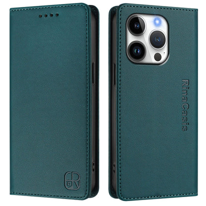 Apple iPhone 16 Pro Dual-Folded Magnetic Suction RFID Blocking PU Leather Wallet Phone Case with Card Slots, Cash Pocket, Kickstand, Full Protective Flip Cover
