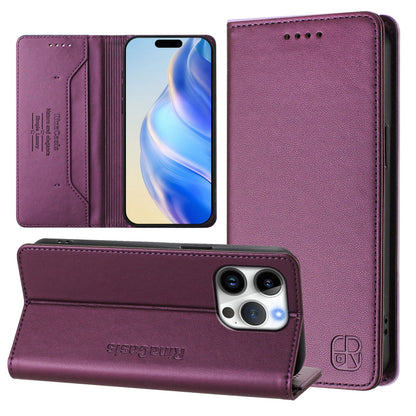 Apple iPhone 16 Pro Dual-Folded Magnetic Suction RFID Blocking PU Leather Wallet Phone Case with Card Slots, Cash Pocket, Kickstand, Full Protective Flip Cover