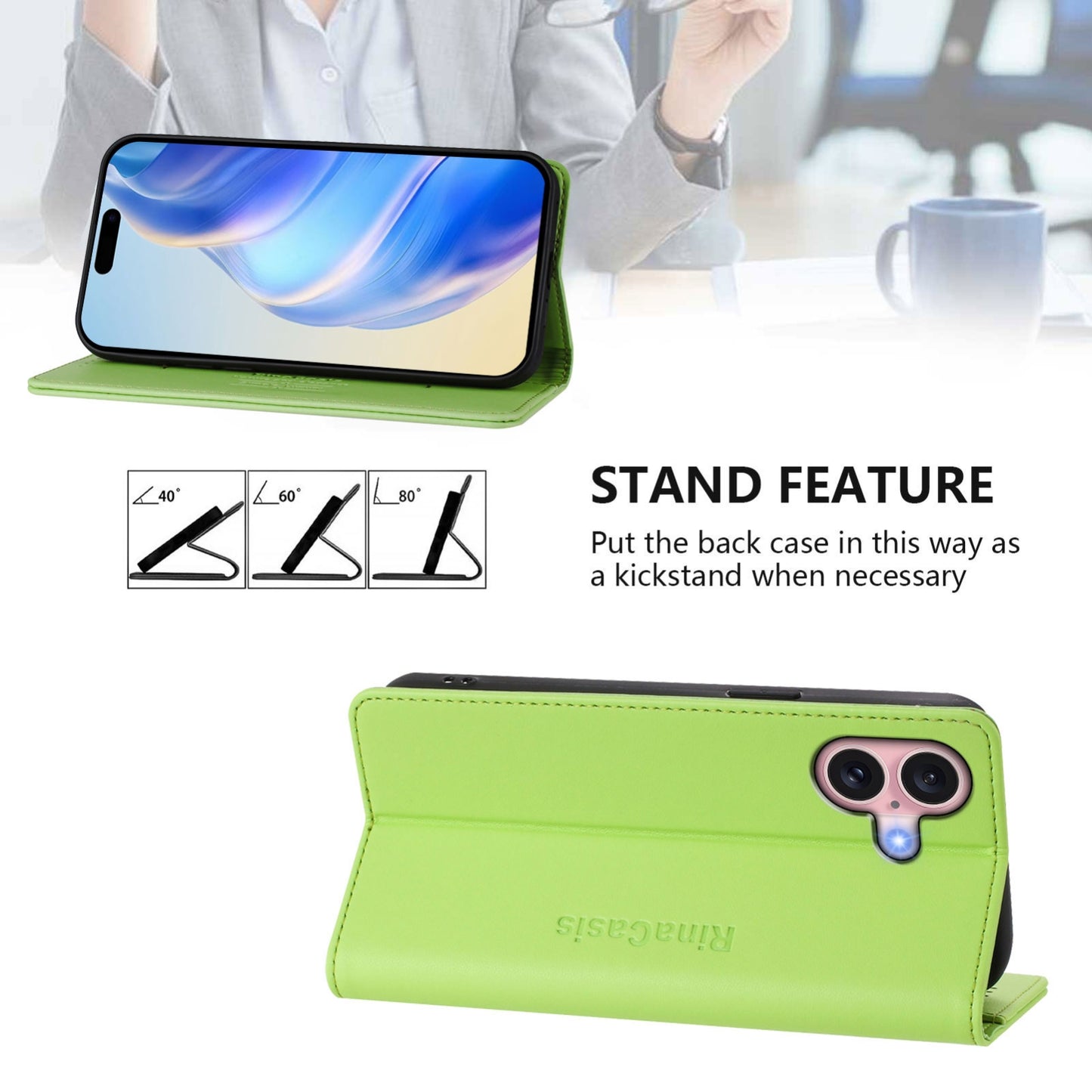 Apple iPhone 16 Plus Dual-Folded Magnetic Suction RFID Blocking PU Leather Wallet Phone Case with Card Slots, Cash Pocket, Kickstand, Full Protective Flip Cover