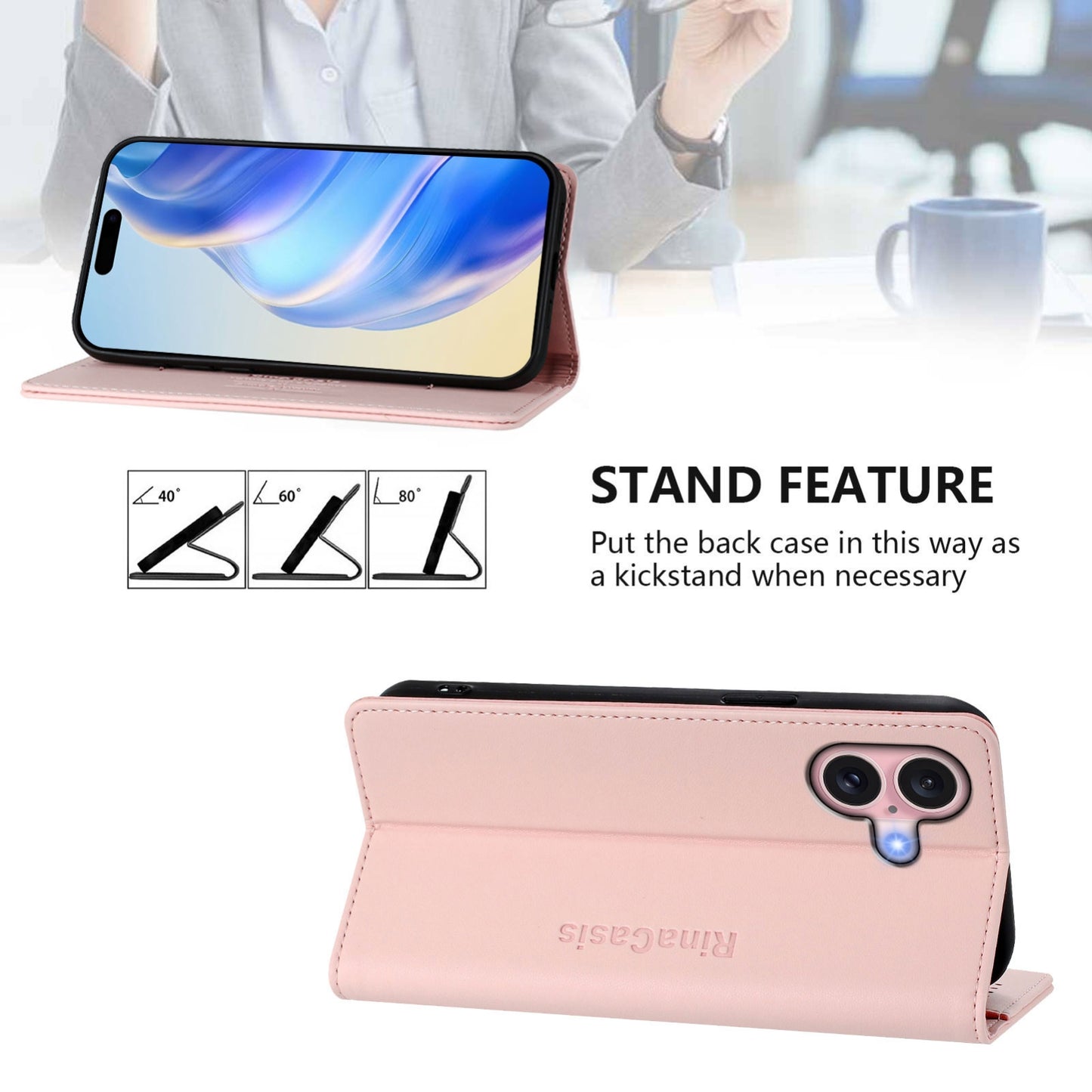 Apple iPhone 16 Plus Dual-Folded Magnetic Suction RFID Blocking PU Leather Wallet Phone Case with Card Slots, Cash Pocket, Kickstand, Full Protective Flip Cover
