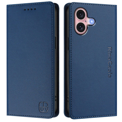 Apple iPhone 16 Plus Dual-Folded Magnetic Suction RFID Blocking PU Leather Wallet Phone Case with Card Slots, Cash Pocket, Kickstand, Full Protective Flip Cover